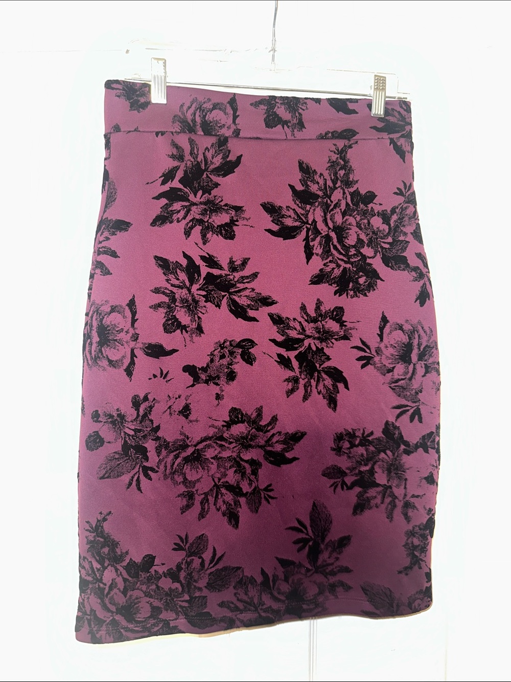 Popana Purple Pencil Skirt with Black Floral Print